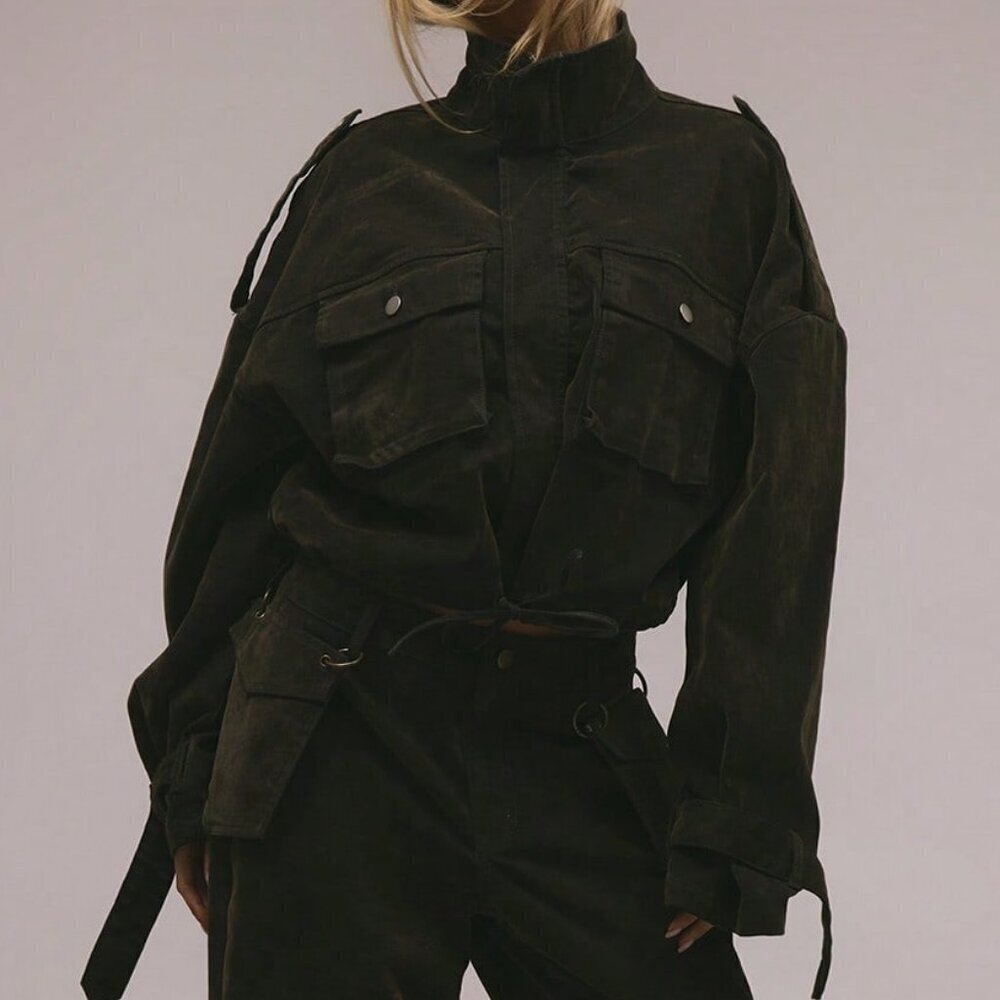 Army Green Casual Women's Velvet Denim Drawstring Cargo Jacket - Picture 7 of 9